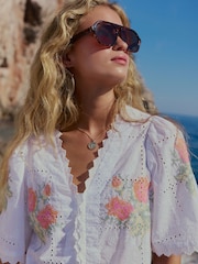 White Floral Cross Stitch Broderie Top - Image 1 of 4
