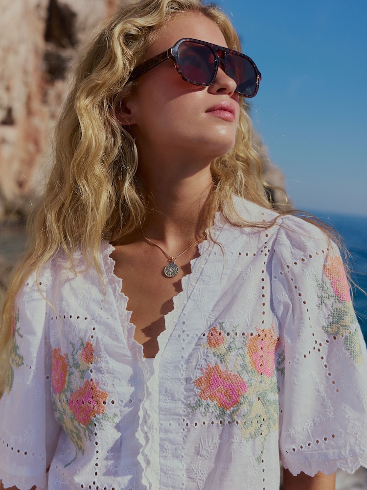 White Floral Cross Stitch Broderie Top - Image 1 of 4