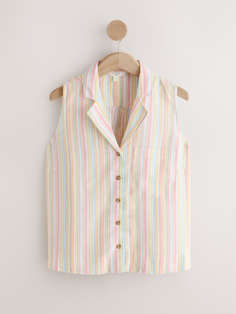 Pastel Stripe Revere Collar Sleeveless Shirt with Linen - Image 1 of 3 Pastel Stripe Revere Collar Sleeveless Shirt with Linen - Image 1 of 3