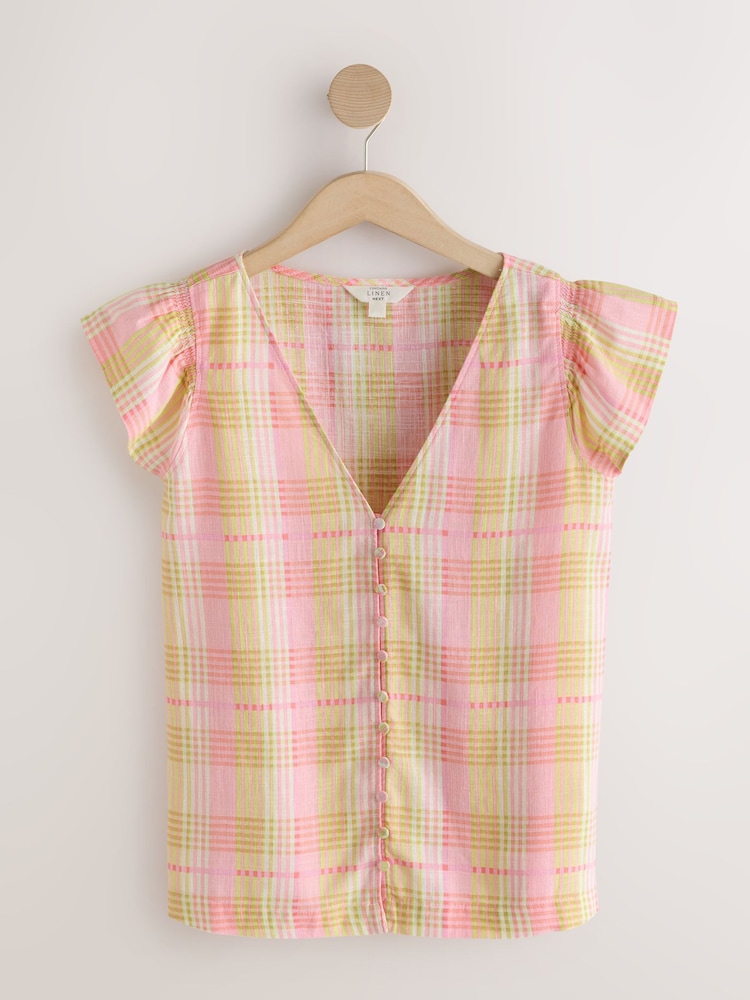 Pink/Yellow Check V-Neck Short Sleeve Blouse With Linen - Image 1 of 3
