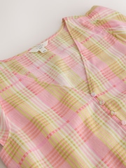 Pink/Yellow Check V-Neck Short Sleeve Blouse With Linen - Image 3 of 3