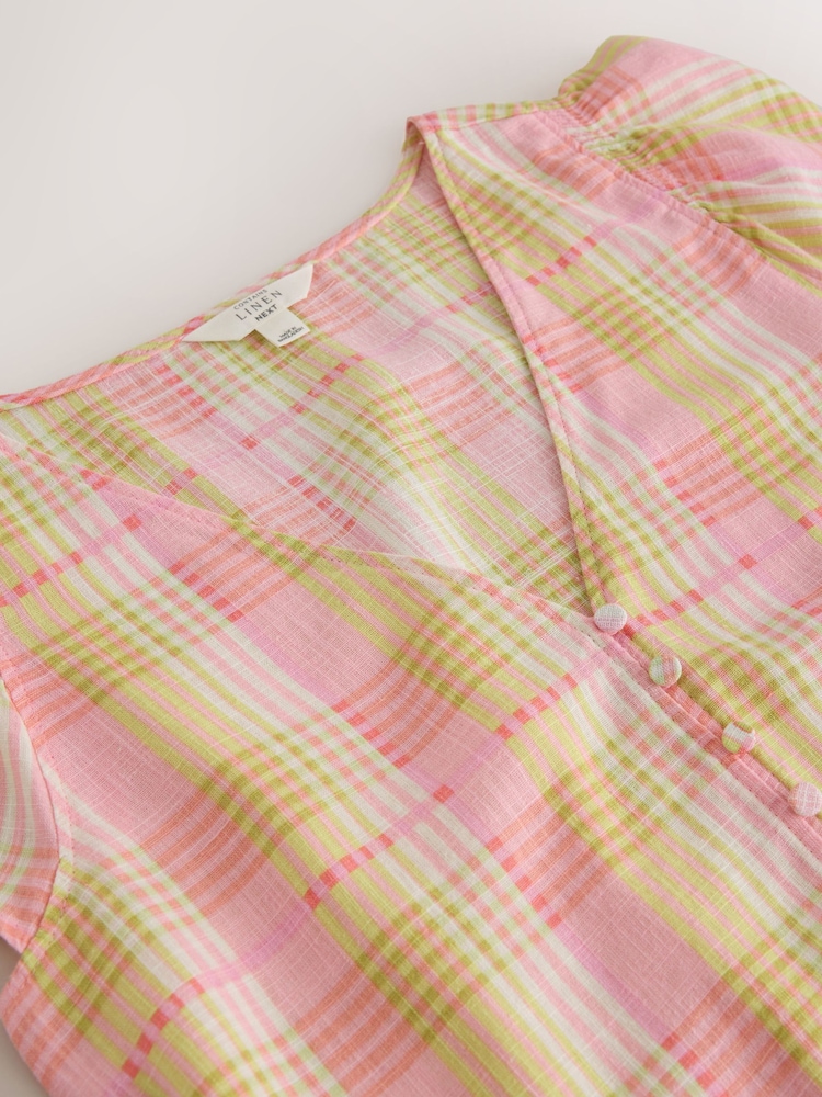 Pink/Yellow Check V-Neck Short Sleeve Blouse With Linen - Image 3 of 3