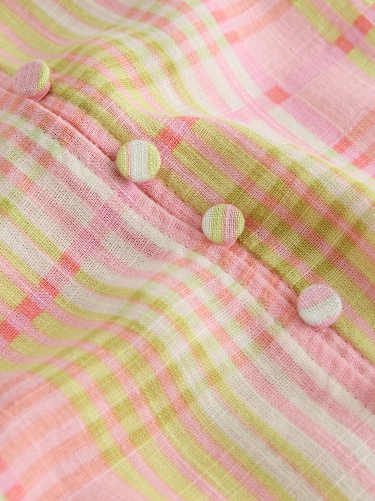 Pink/Yellow Check V-Neck Short Sleeve Blouse With Linen - Image 6 of 6