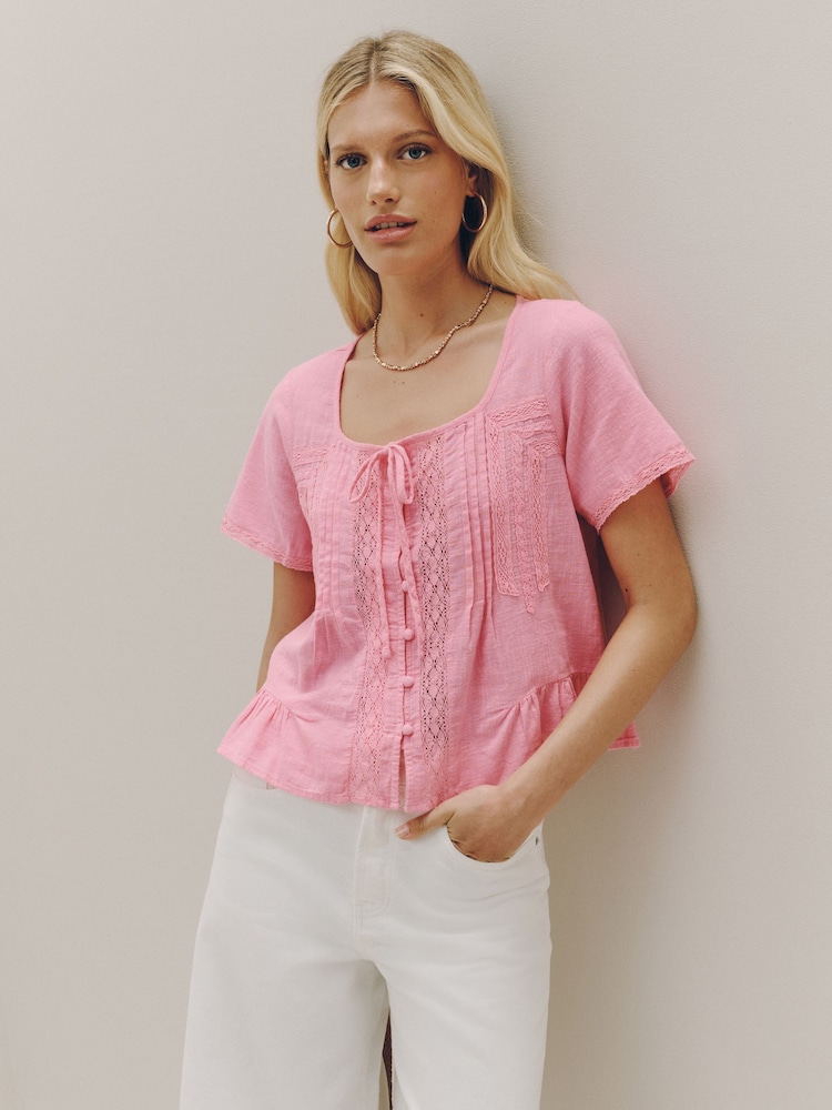 Pink Lace Detail Short Sleeve Blouse - Image 1 of 5 Pink Lace Detail Short Sleeve Blouse - Image 1 of 5