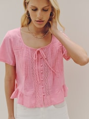 Pink Lace Detail Short Sleeve Blouse - Image 4 of 5
