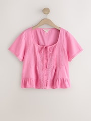 Pink Lace Detail Short Sleeve Blouse with Linen - Image 6 of 8