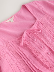 Pink Lace Detail Short Sleeve Blouse with Linen - Image 8 of 8