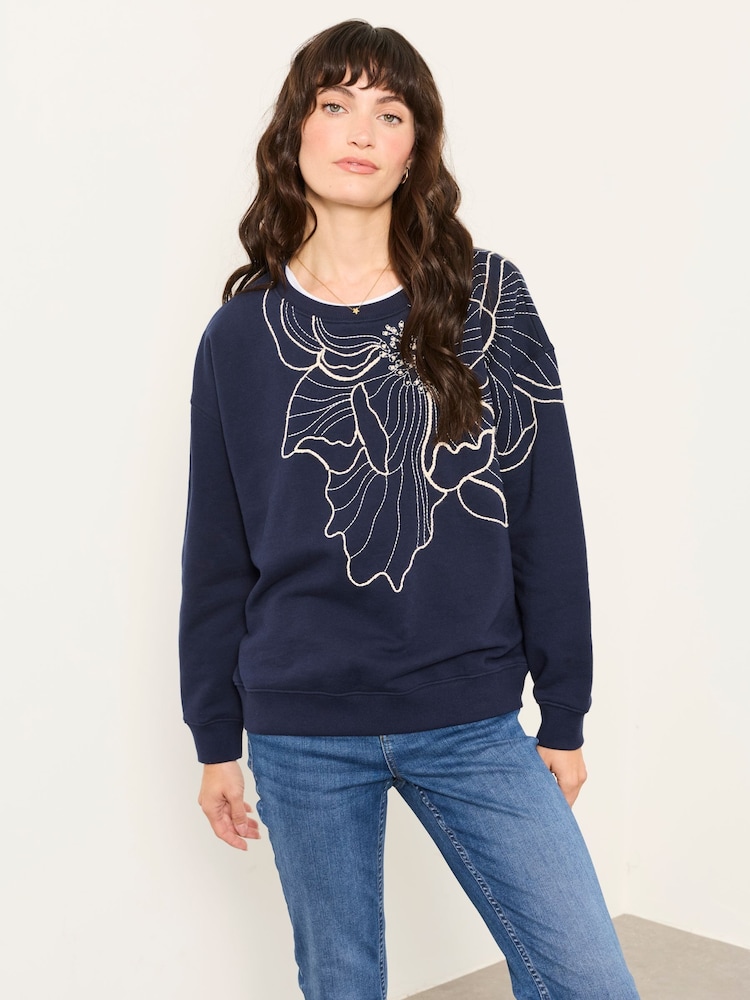 FatFace Alex Navy Flower Embroidery Crew Sweat Top - Image 1 of 5 FatFace Alex Navy Flower Embroidery Crew Sweat Top - Image 1 of 5