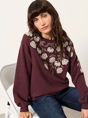 FatFace Alex Dark Purple Flower Embroidered Crew Sweat - Image 1 of 4