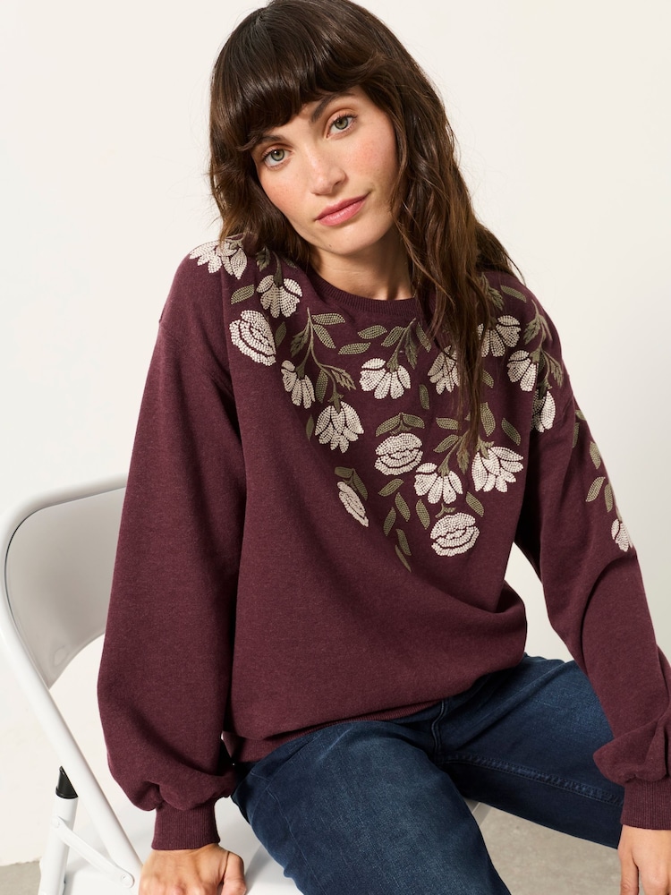 FatFace Alex Dark Purple Flower Embroidered Crew Sweat - Image 1 of 4