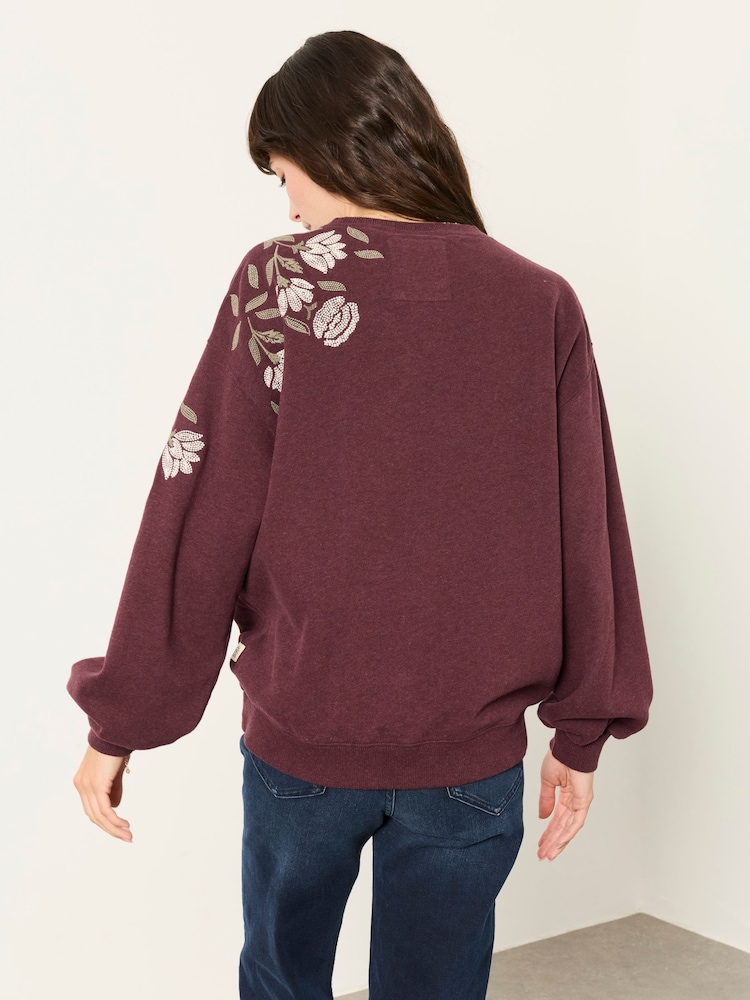 FatFace Alex Dark Purple Flower Embroidered Crew Sweat - Image 2 of 4