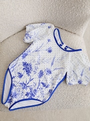 Reiss Blue Print Clemmie Floral Print Puff Sleeve Swimsuit - Image 1 of 3