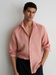 Reiss Watermelon Pink Ruban Linen Cutaway-Collar Regular-Fit Shirt - Image 1 of 6
