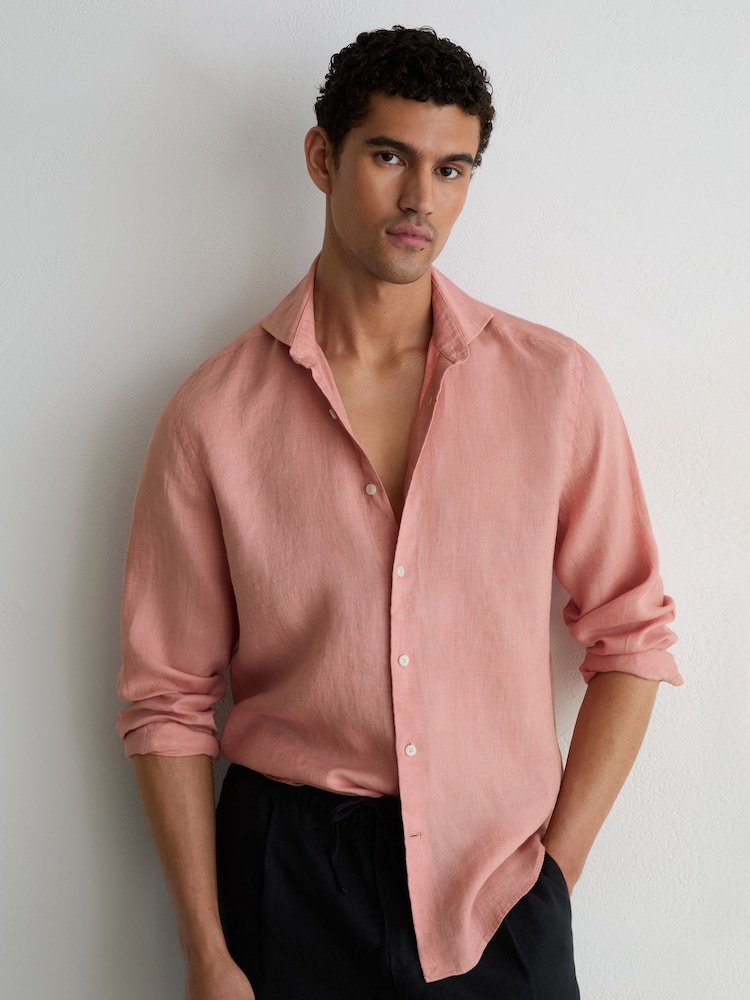 Reiss Watermelon Pink Ruban Linen Cutaway-Collar Regular-Fit Shirt - Image 1 of 6