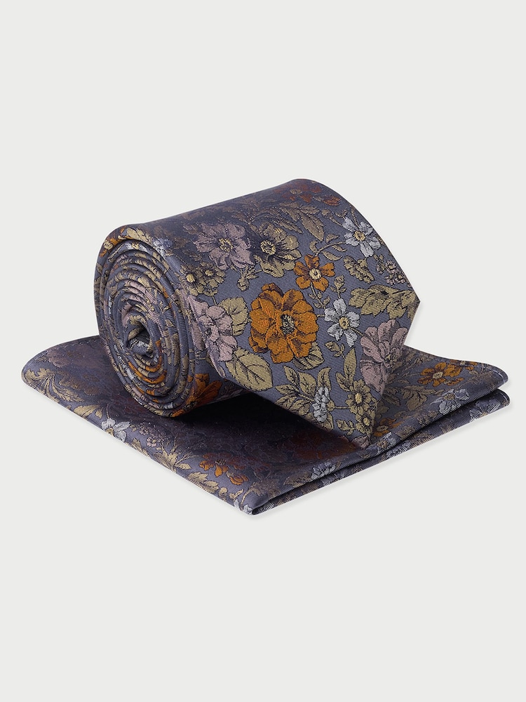 Brook Taverner Blue Multi Floral Pure Silk Tie and Pocket Square Set - Image 1 of 4 Brook Taverner Blue Multi Floral Pure Silk Tie and Pocket Square Set - Image 1 of 4
