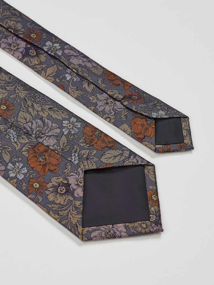 Brook Taverner Blue Multi Floral Pure Silk Tie and Pocket Square Set - Image 2 of 4 Brook Taverner Blue Multi Floral Pure Silk Tie and Pocket Square Set - Image 2 of 4