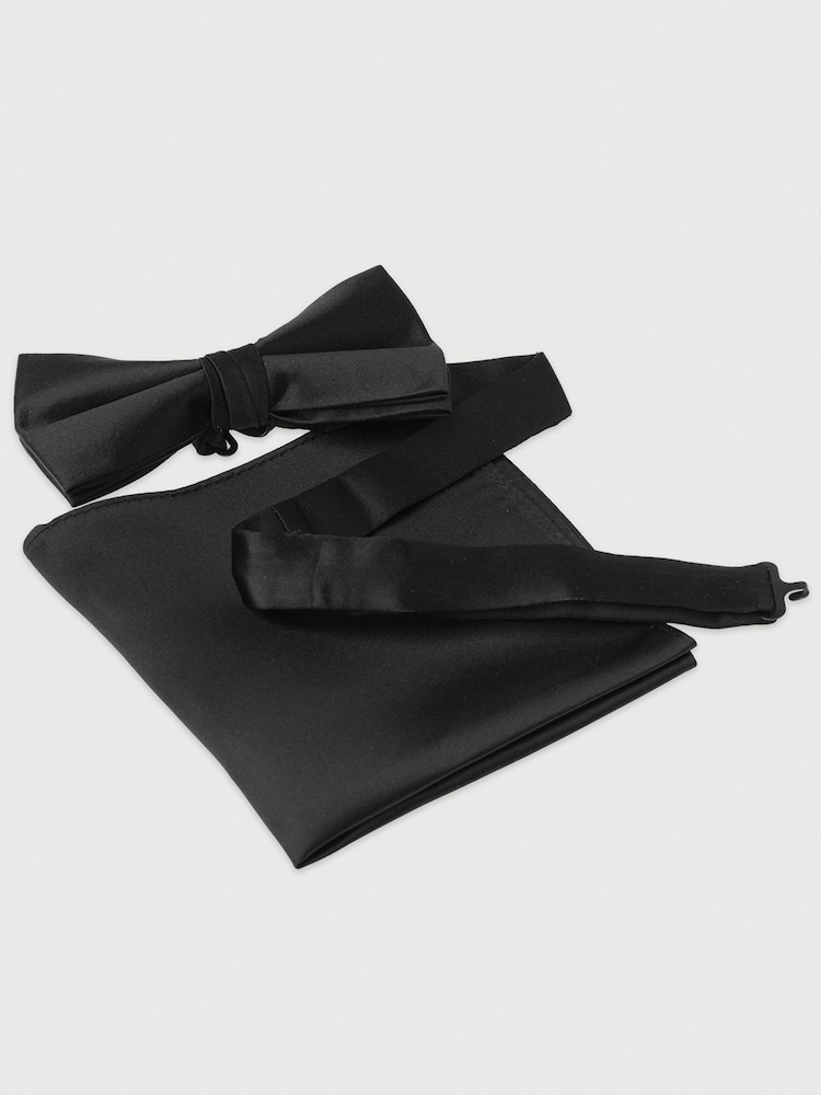Brook Taverner Black Pure Silk Bow Tie & Pocket Square Set - Image 1 of 1 Brook Taverner Black Pure Silk Bow Tie & Pocket Square Set - Image 1 of 1