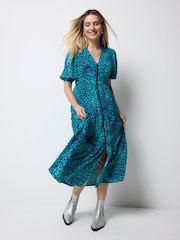 SCAMP & DUDE Blue Cheetah Zip Front Midi Tiered Dress - Image 1 of 4