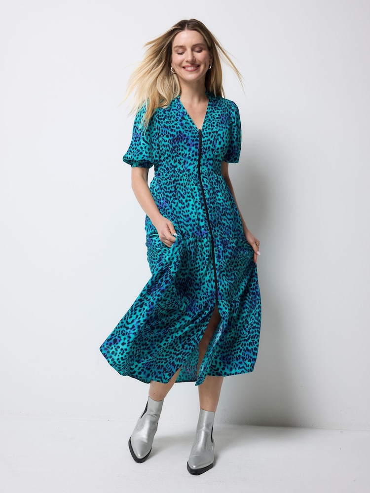 SCAMP & DUDE Blue Cheetah Zip Front Midi Tiered Dress - Image 1 of 4