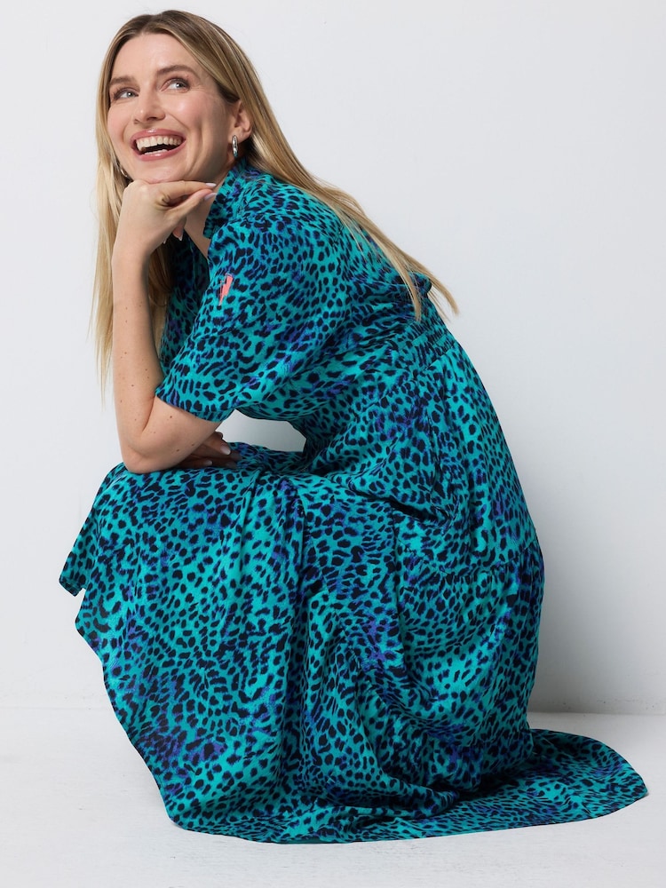 SCAMP & DUDE Blue Cheetah Zip Front Midi Tiered Dress - Image 2 of 4