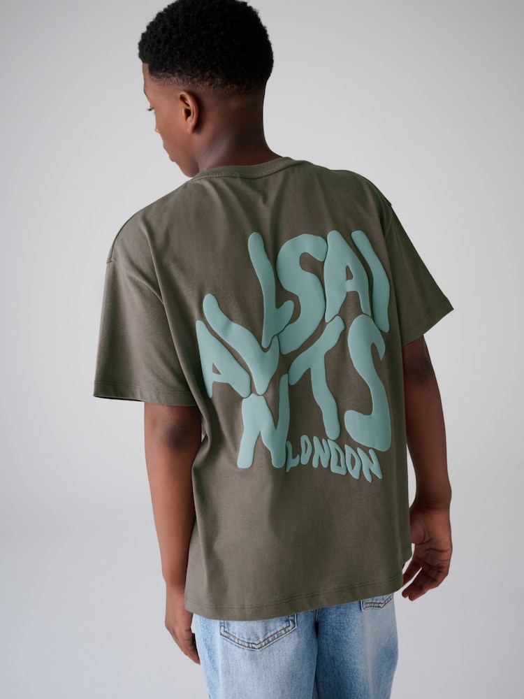 smALLSAINTS Khaki Green Oversized Orlando Logo Crew T-Shirt - Image 1 of 10 smALLSAINTS Khaki Green Oversized Orlando Logo Crew T-Shirt - Image 1 of 10