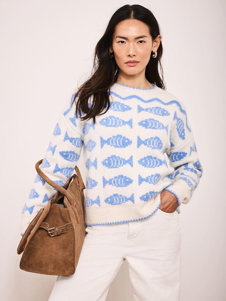 Mint Velvet White Blue Fish Wool Blend Knit Jumper - Image 1 of 7