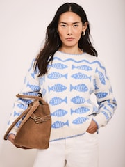 Mint Velvet White Blue Fish Wool Blend Knit Jumper - Image 2 of 7