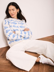 Mint Velvet White Blue Fish Wool Blend Knit Jumper - Image 4 of 7