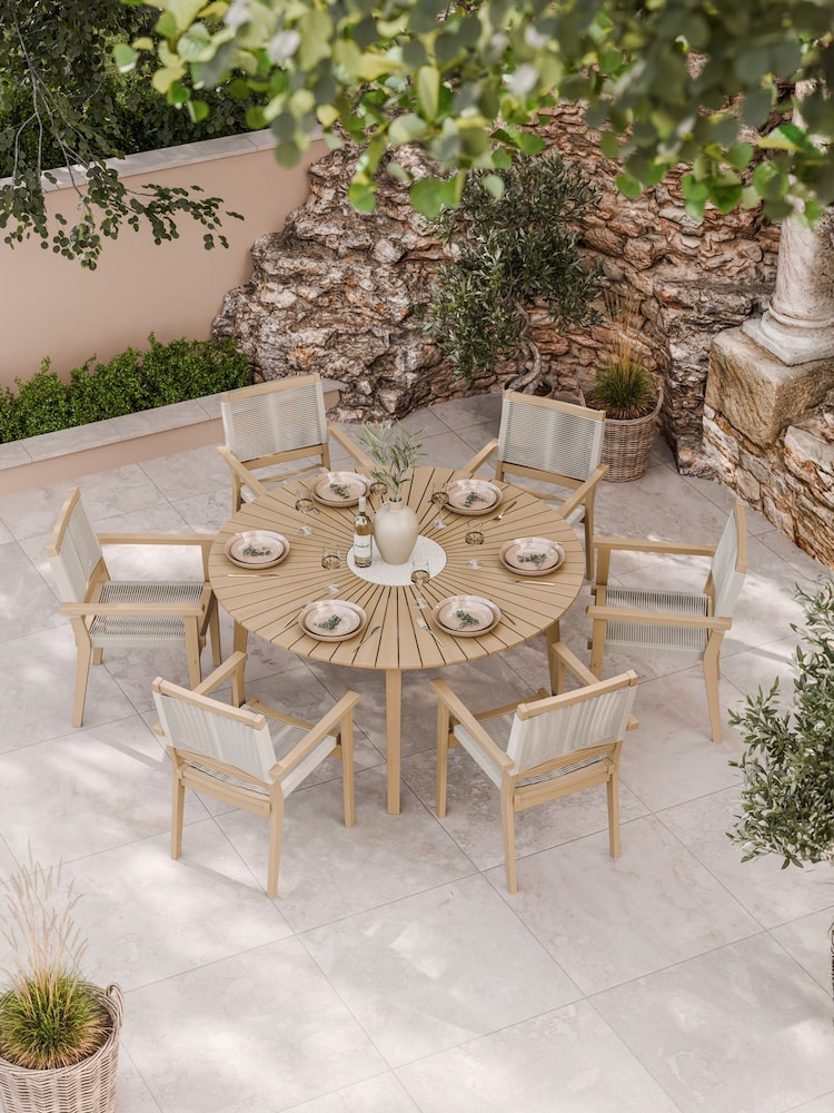 Royalcraft Natural Roma Garden Terrazzo Round Table With 6 Rope Stack Chairs - Image 1 of 6