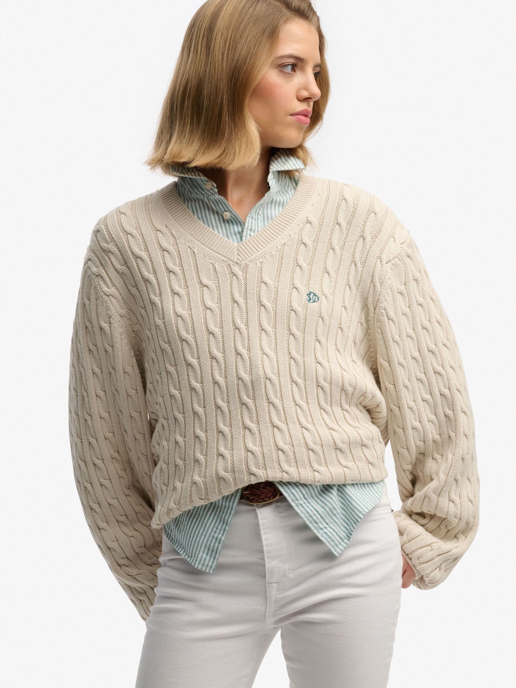 Superdry Women's Cream Oversized V-Neck Cable Jumper - Image 1