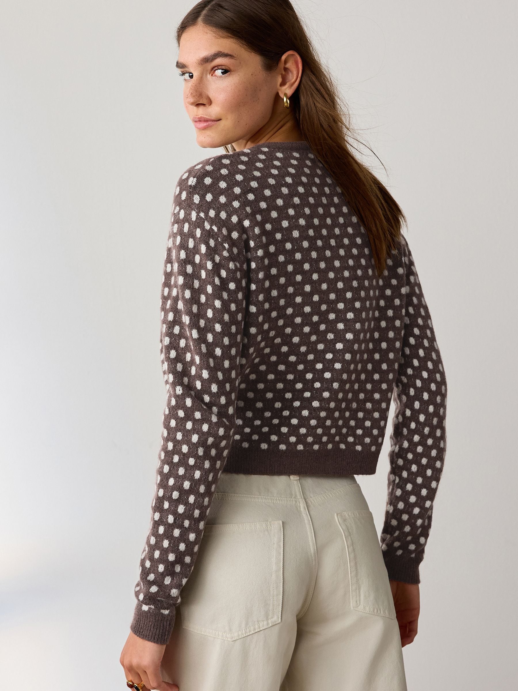 Buy Chocolate Brown Polka Dot Crew Neck Knitted Cardigan from the
