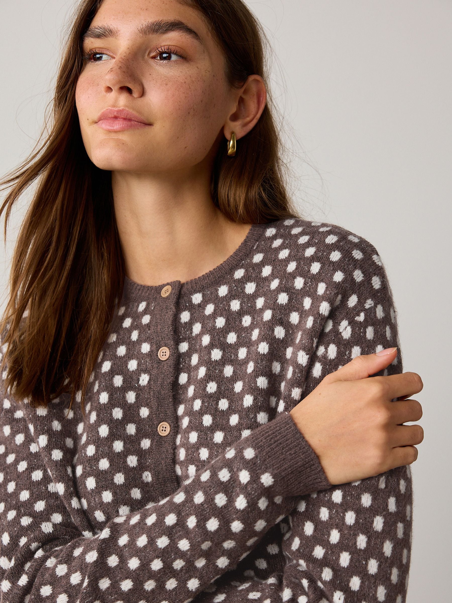 Buy Chocolate Brown Polka Dot Crew Neck Knitted Cardigan from Next USA