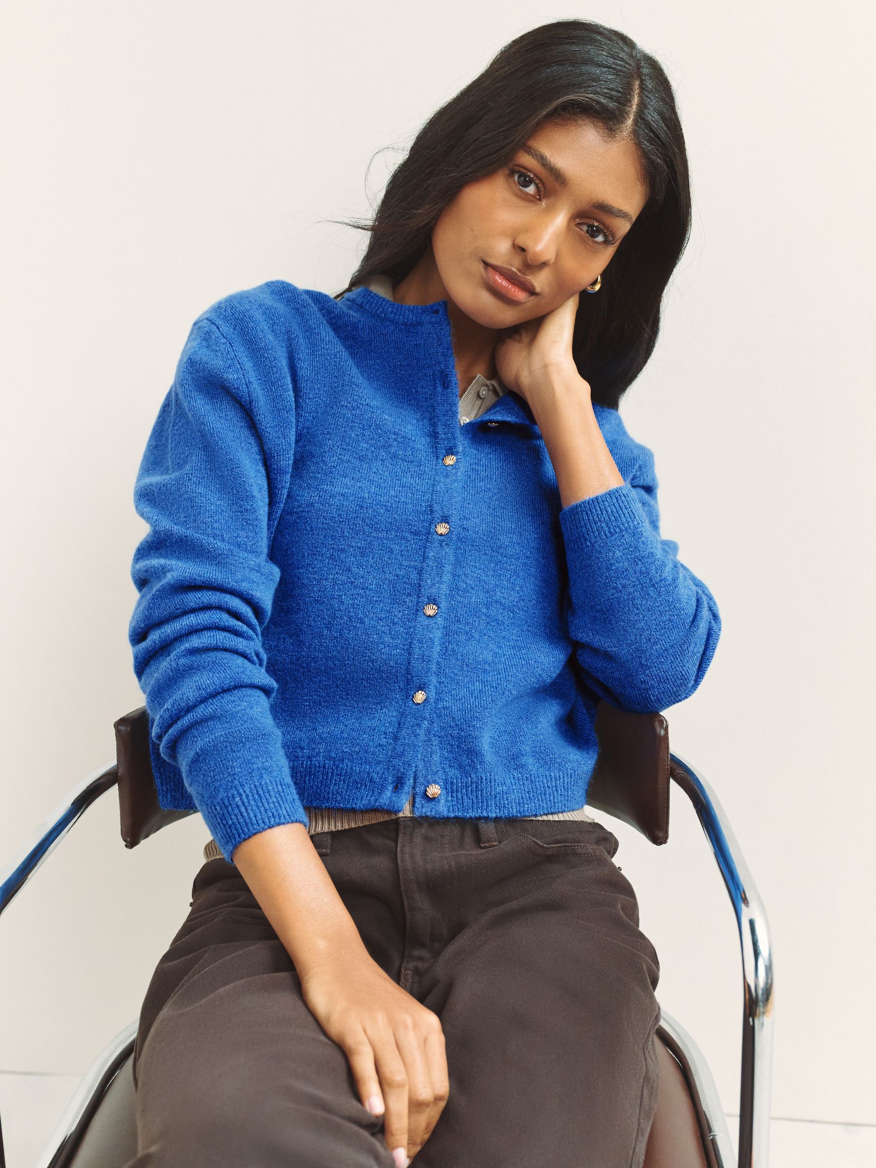 Buy Cobalt Blue Seashell Buttons Crew Neck Knitted Cardigan from