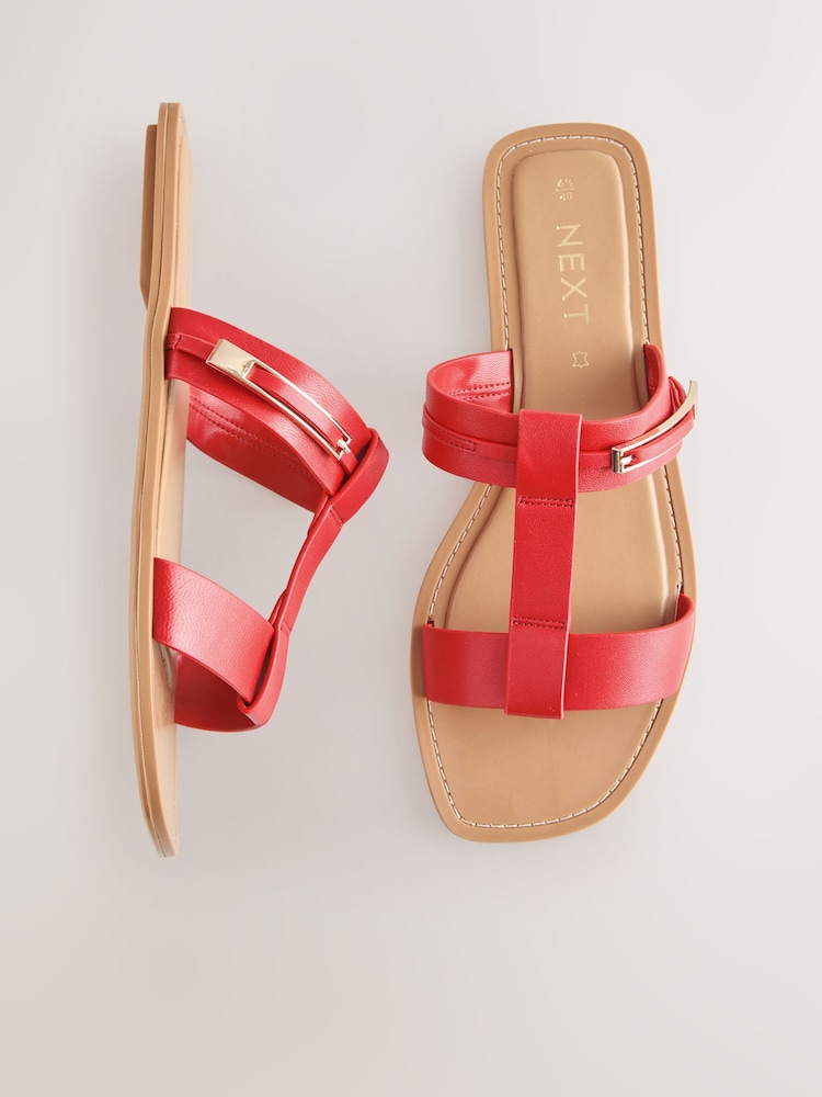 Red Leather Standard/Wide Fit Buckle Trim Sandals - Image 1 of 6 Red Leather Standard/Wide Fit Buckle Trim Sandals - Image 1 of 6