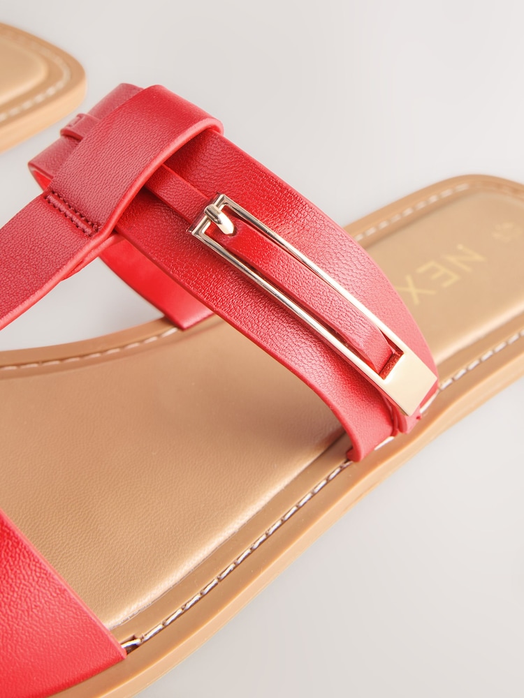 Red Leather Standard/Wide Fit Buckle Trim Sandals - Image 9 of 9
