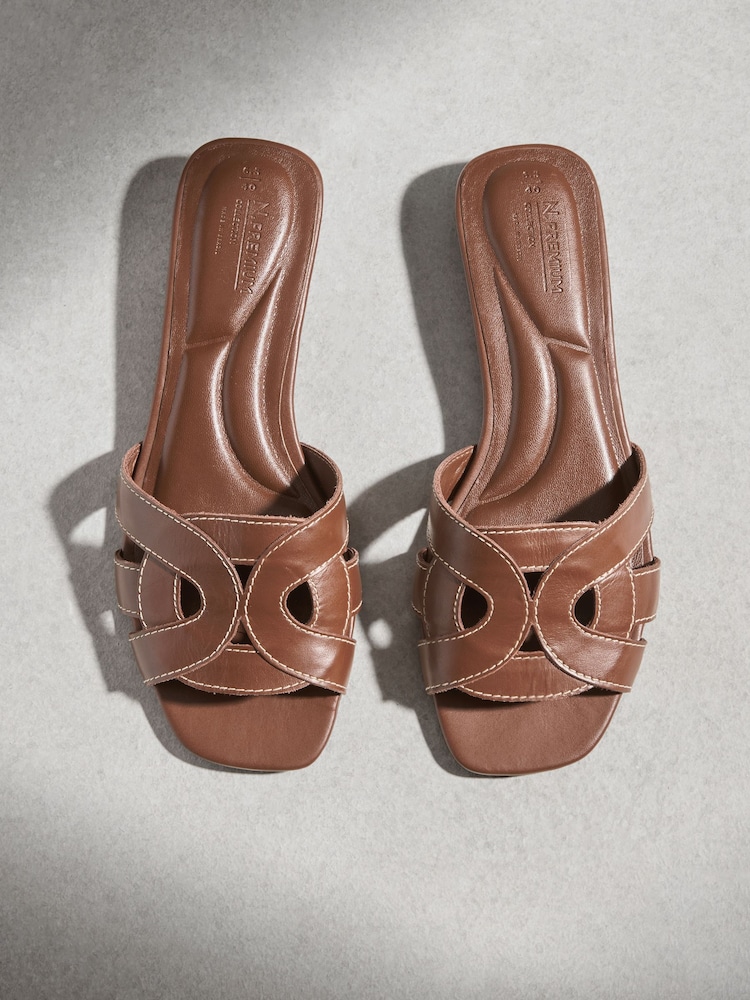 Tan Brown N. Premium Leather Square Toe Mule Sandals - Image 1 of 6 Tan Brown N. Premium Leather Square Toe Mule Sandals - Image 1 of 6