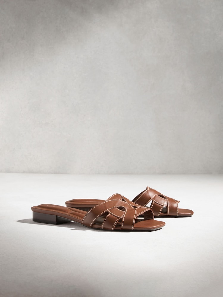 Tan Brown N. Premium Leather Square Toe Mule Sandals - Image 2 of 6 Tan Brown N. Premium Leather Square Toe Mule Sandals - Image 2 of 6