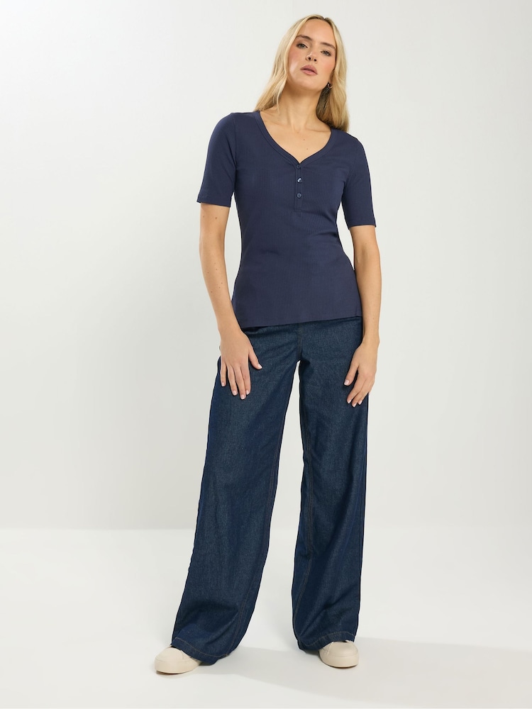 Long Tall Sally Blue Short Sleeve Ribbed Henley T-Shirt - Image 1 of 5 Long Tall Sally Blue Short Sleeve Ribbed Henley T-Shirt - Image 1 of 5