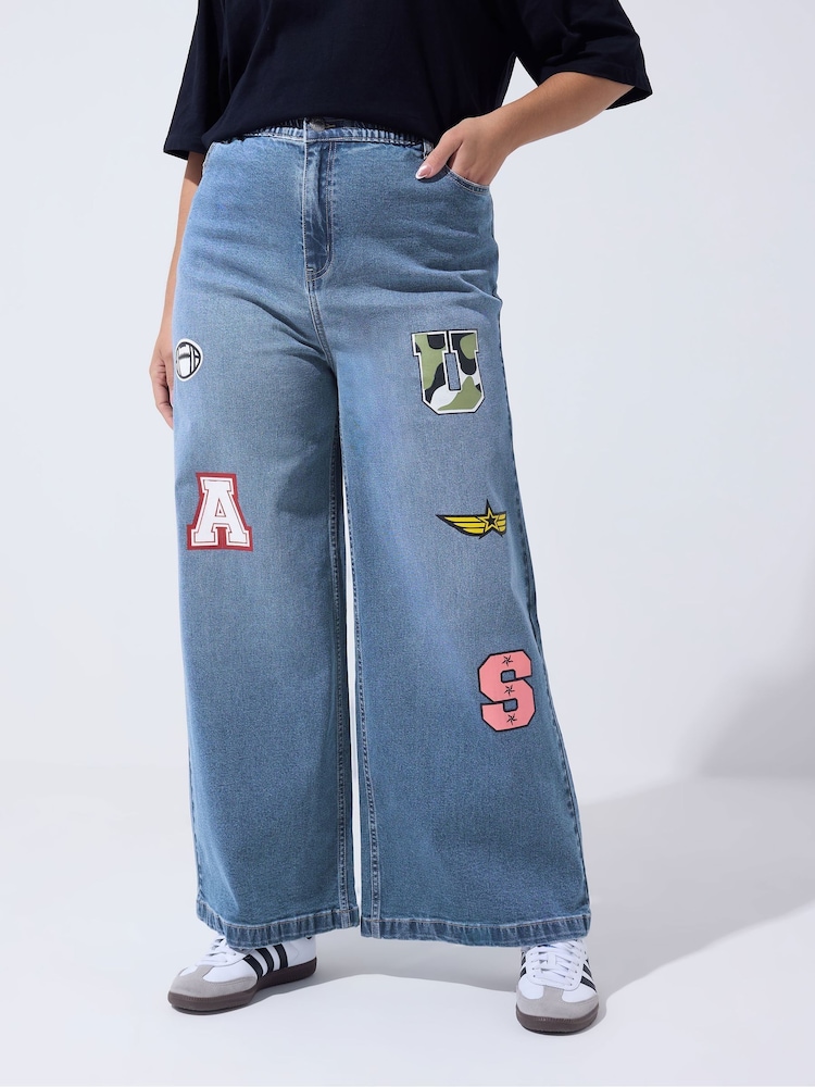 Yours Curve Blue Limited Badge Applique Jeans - Image 2 of 6