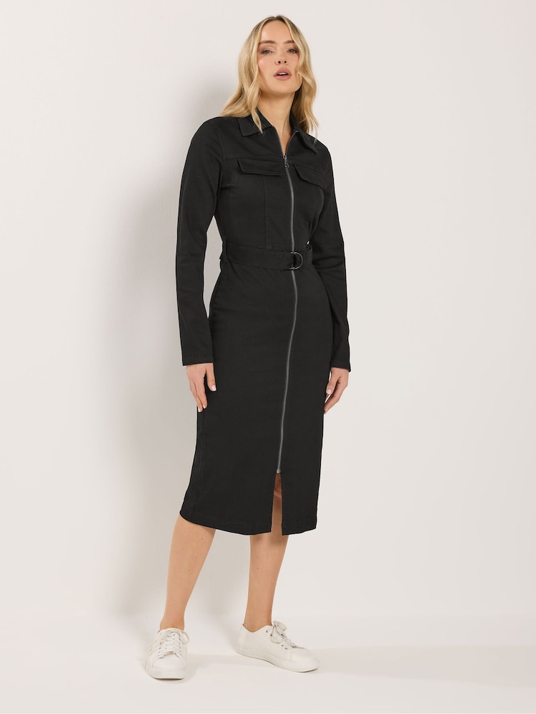 ultrasoft denim maxi dress Long Tall Black Zip Denim Zip-Front Dress Gap Womens dresses Roxy Form Double Lined SIZE:XL-42 Crew neckline Short sleeves real made dress