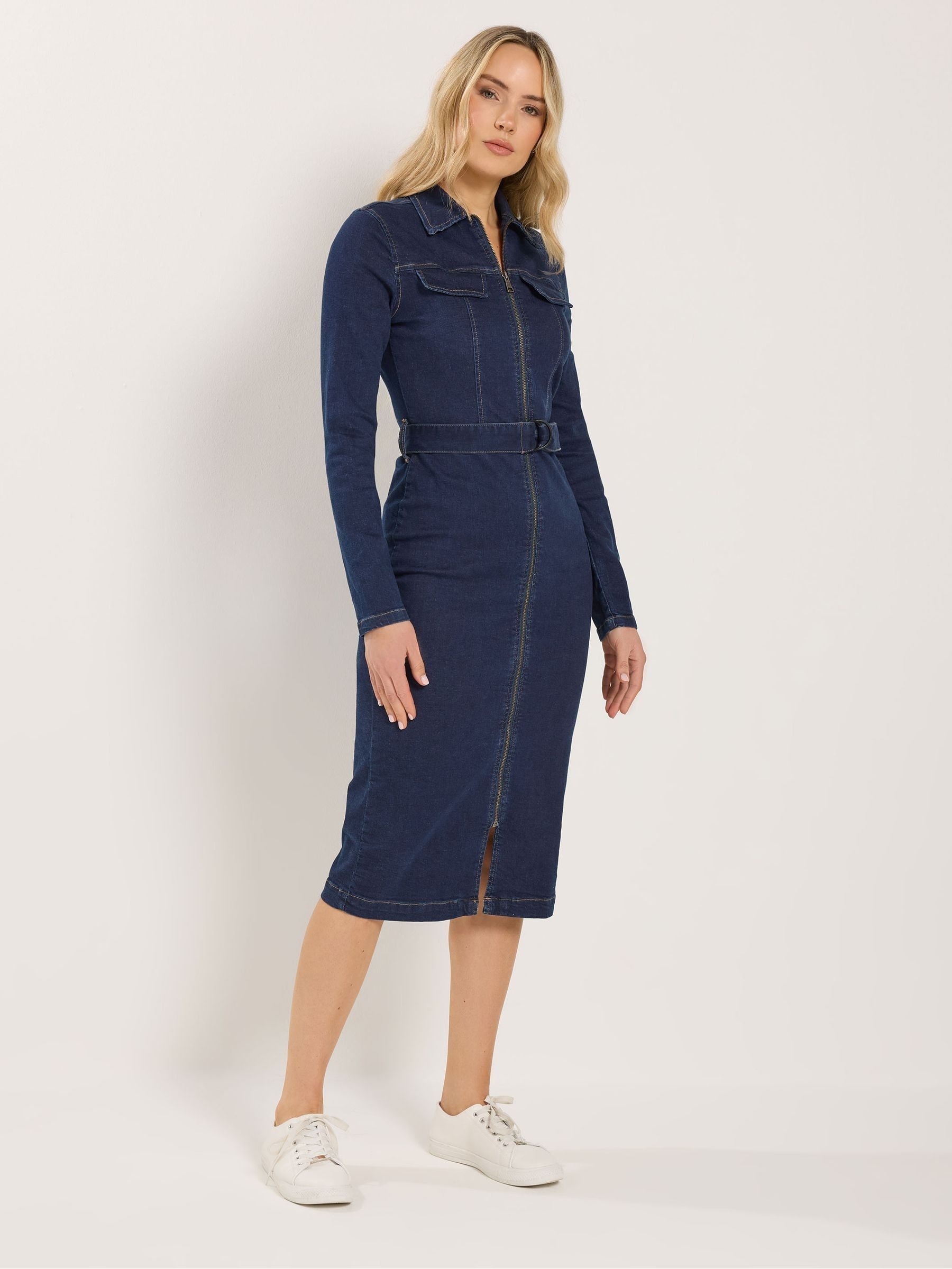 Lts Women's Blue Tall Dark Zip Through Denim Midi Dress Size 24 - Image 3