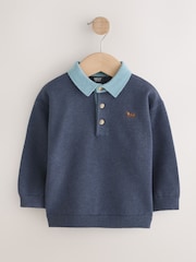 Navy Blue Contrast Collar Button Neck Knitted Polo Shirt (3mths-7yrs) - Image 1 of 4