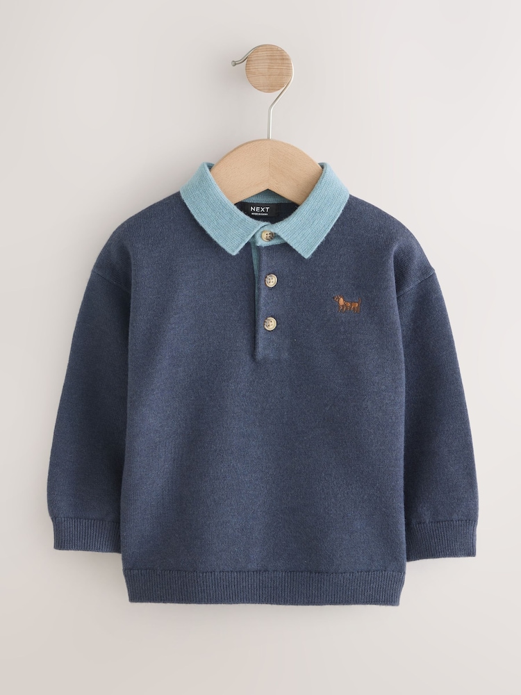 Navy Blue Contrast Collar Button Neck Knitted Polo Shirt (3mths-7yrs) - Image 1 of 4 Navy Blue Contrast Collar Button Neck Knitted Polo Shirt (3mths-7yrs) - Image 1 of 4