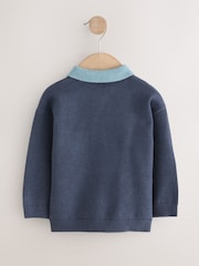 Navy Blue Contrast Collar Button Neck Knitted Polo Shirt (3mths-7yrs) - Image 2 of 4
