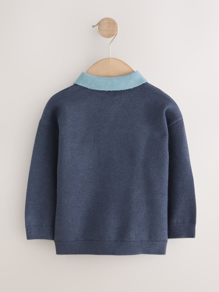 Navy Blue Contrast Collar Button Neck Knitted Polo Shirt (3mths-7yrs) - Image 2 of 4 Navy Blue Contrast Collar Button Neck Knitted Polo Shirt (3mths-7yrs) - Image 2 of 4