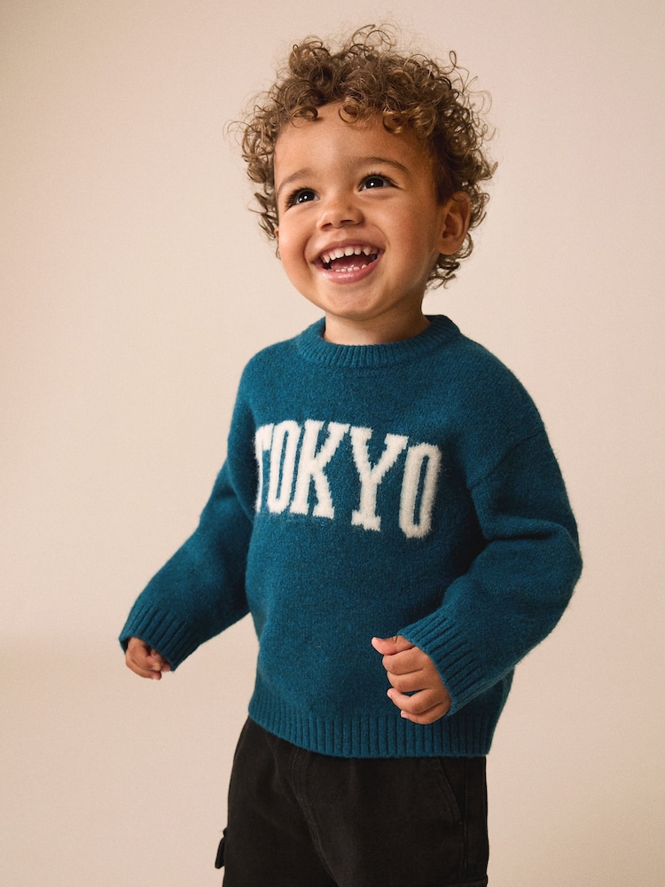 Teal Blue Tokyo Knitted Crew Neck Jumper (3mths-7yrs) - Image 1 of 7 Teal Blue Tokyo Knitted Crew Neck Jumper (3mths-7yrs) - Image 1 of 7