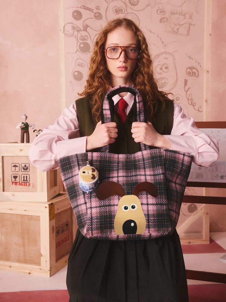 Cath Kidston Pink/Grey Check Wallace and Gromit Tartan City Tote - Image 1 of 1 Cath Kidston Pink/Grey Check Wallace and Gromit Tartan City Tote - Image 1 of 1