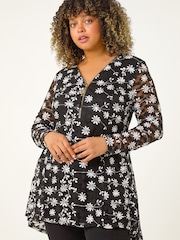 Roman Black Curve Floral Print V-Neck Zip Front Blouse - Image 1 of 5