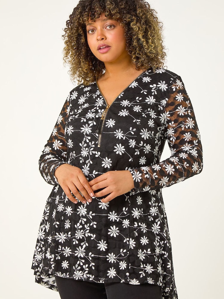 Roman Black Curve Floral Print V-Neck Zip Front Blouse - Image 1 of 5