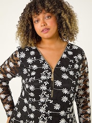 Roman Black Curve Floral Print V-Neck Zip Front Blouse - Image 2 of 5